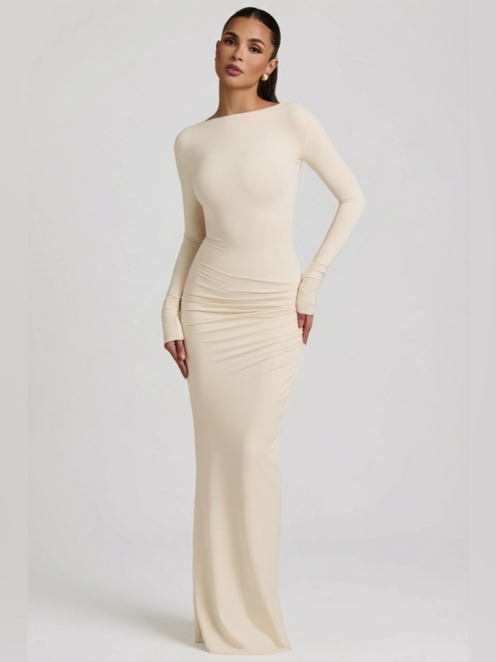 NWT Oh Polly Long Sleeve ivory Bodycon open back Maxi Dress modal ruched SZ M
